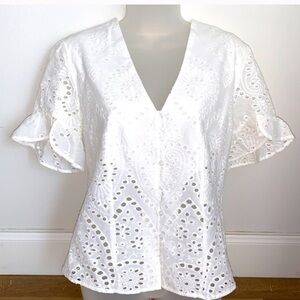 Adiva White Eyelet Button Down V-Neck Short Sleeve
Blouse Small New